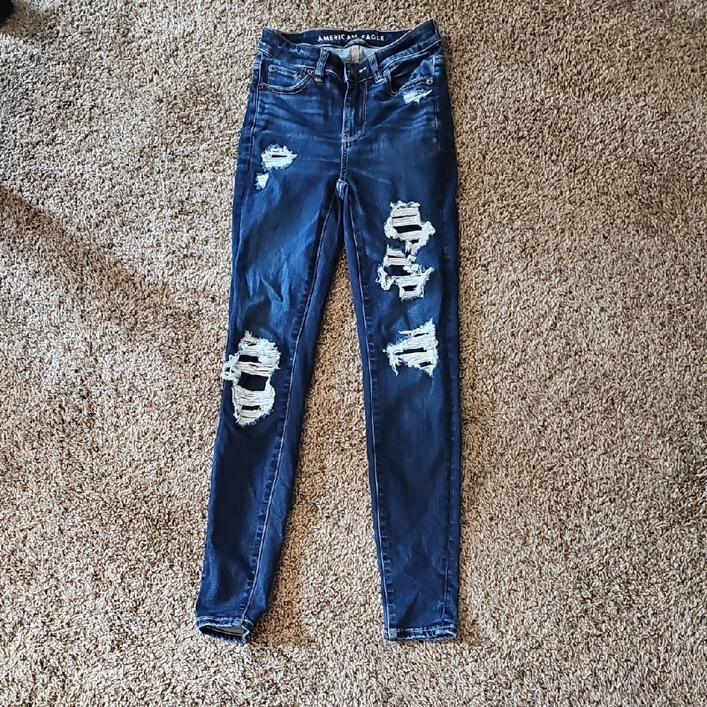 American Eagle Outfitters Blue Skinny Jeans with Distressed Details